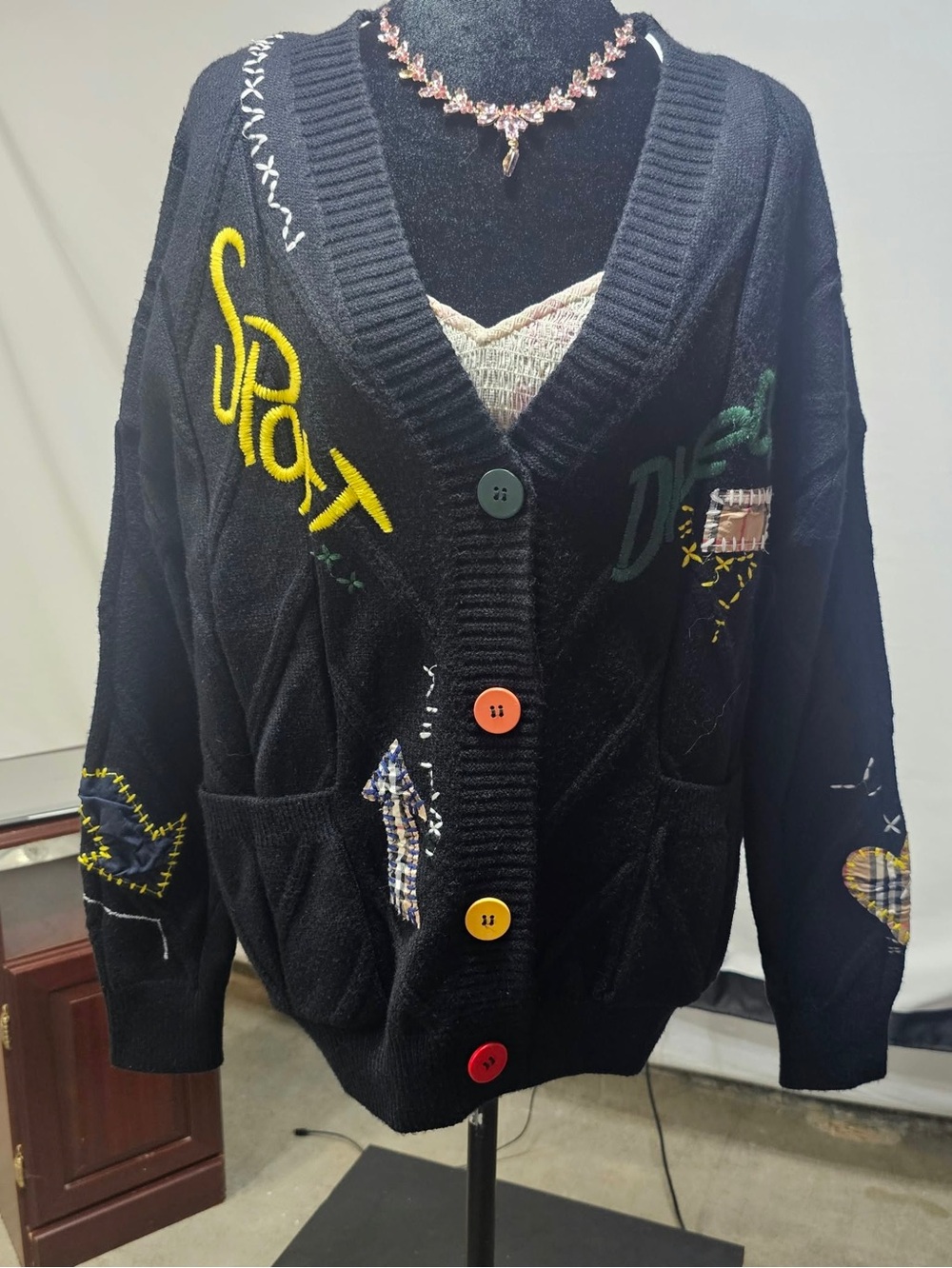 #427 Ebossy Black Patchwork Cardigan Size M – Colorful Buttons Artsy Y2K